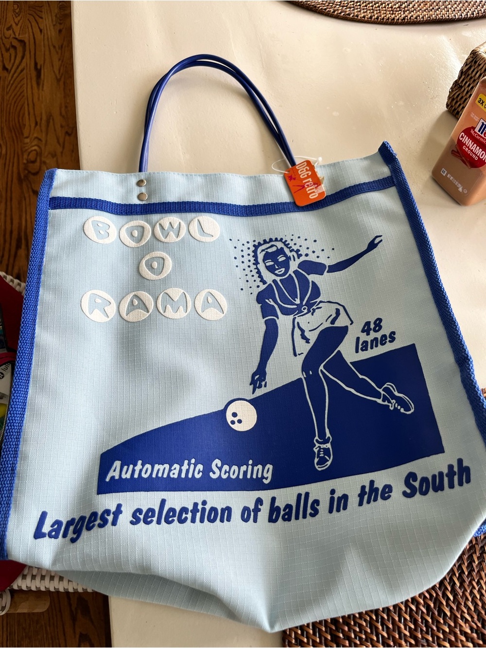 NEW D&G Retro Light Blue Graphic Bowling Tote Bag with Navy Print